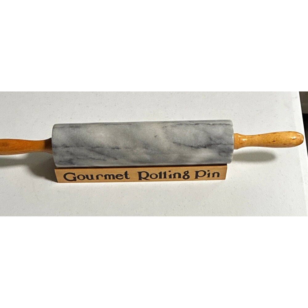 Gourmet Marble Rolling Pin Wood Handles Gray/Brown Marbled 18” w/ Display Stand